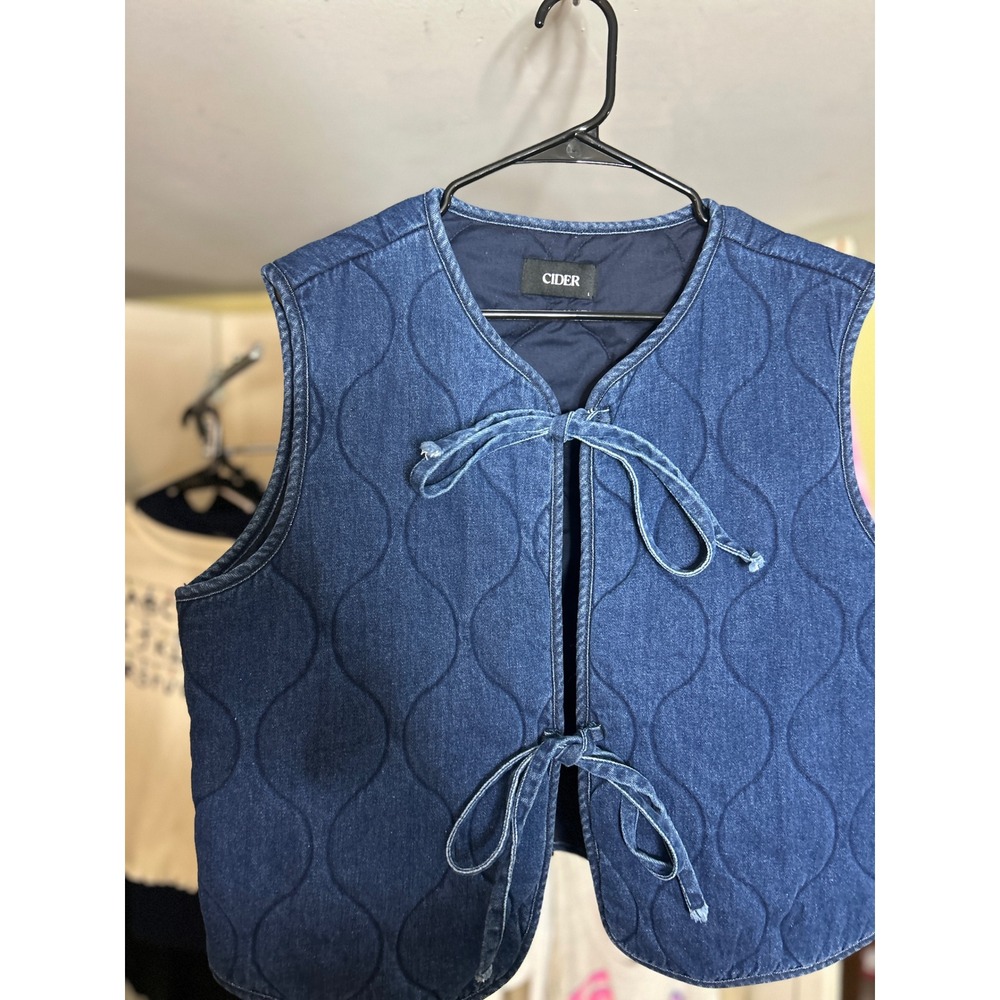 Cider Denim Quilted Vest Tie Front V Neck Sleeveless Blue Womens Size L